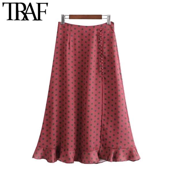 

women chic fashion with buttons polka dot ruffle midi skirt vintage high waist back zipper female skirts mujer 210507, Black