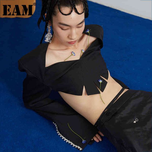 

[eam] women black backless irregular hollow out blazer lapel long sleeve loose jacket fashion spring summer 1dd7057 21512, White;black