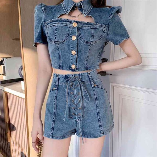 Sommer Streetwear Hosen Anzüge Denim Zwei Stück Set Frauen Crop Top Sexy Bluse Shirts + Bandage Shorts 2 210514