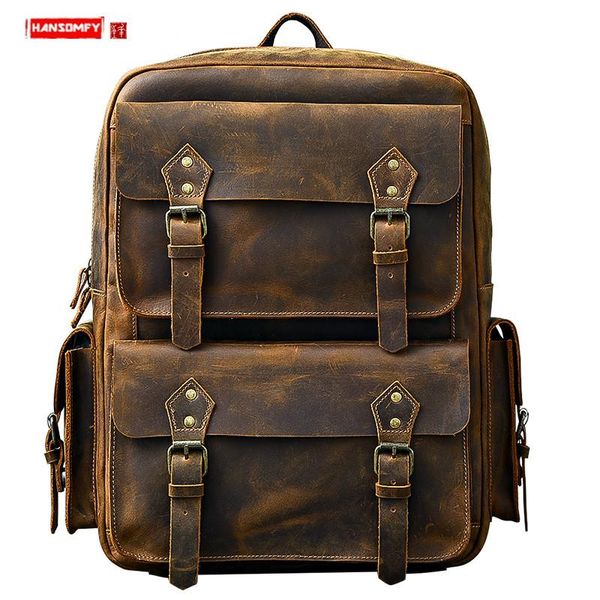 

backpack men's lapbags schoolbag outdoor travel backpacks cowhide leather vintage original oversized crazy horse men