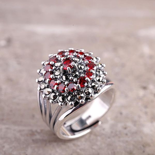 

cluster rings real pure 925 silver jewelry women's thai retro opening pomegranate ring garnet and citrine fine gemstone lady, Golden;silver