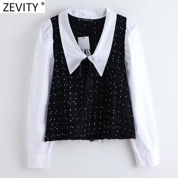 

zevity women vintage turn down collar poplin patchwork tweed woolen smock blouse female bow tied shirts chic blusas ls7493 210419, White