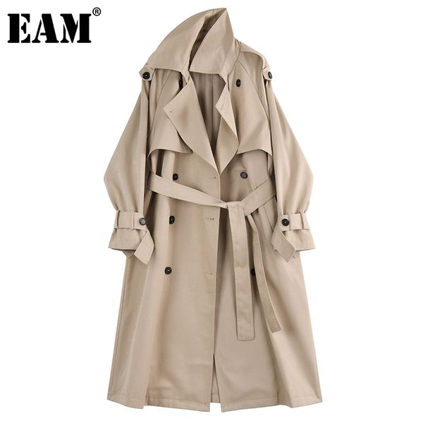 

[eam] women khaki big size sashes trench lapel long sleeve loose fit windbreaker fashion spring autumn 1dd7870 210512, Tan;black