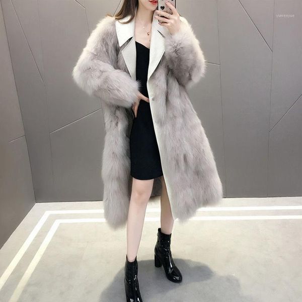 

women's fur & faux autumn winter loose thick warm raccoon dog coat luxury elegant fashion high street jacket long spliced overcoat, Black