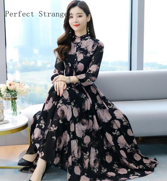

2021 spring autumn new arrival plus size -4xl stand collar long sleeve flower printed women chiffon long dress, Black;gray