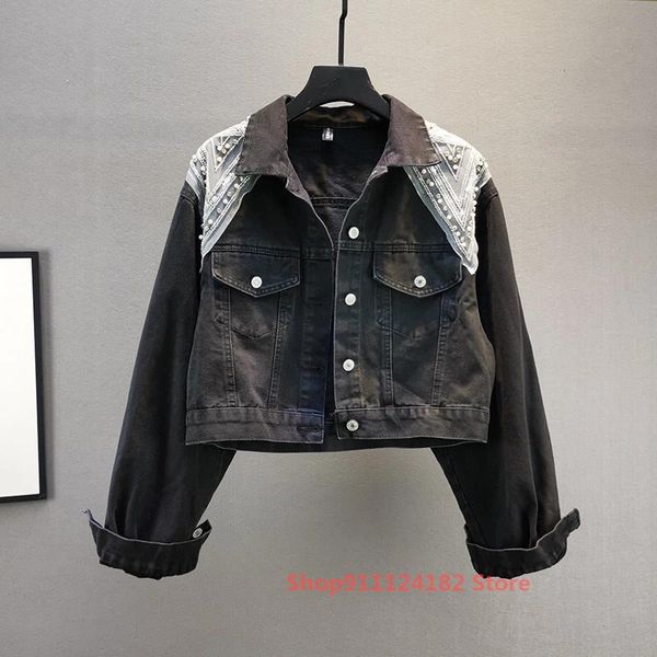 

women's jackets diamond-studded denim jacket autumn european station shows thin heavy industry mesh stitching beaded short top, Black;brown