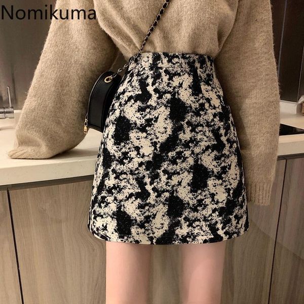 

nomikuma vintage printed mini skirts women autumn korean fashion high waist a line skirt lady faldas mujer streetwear 3d328, Black