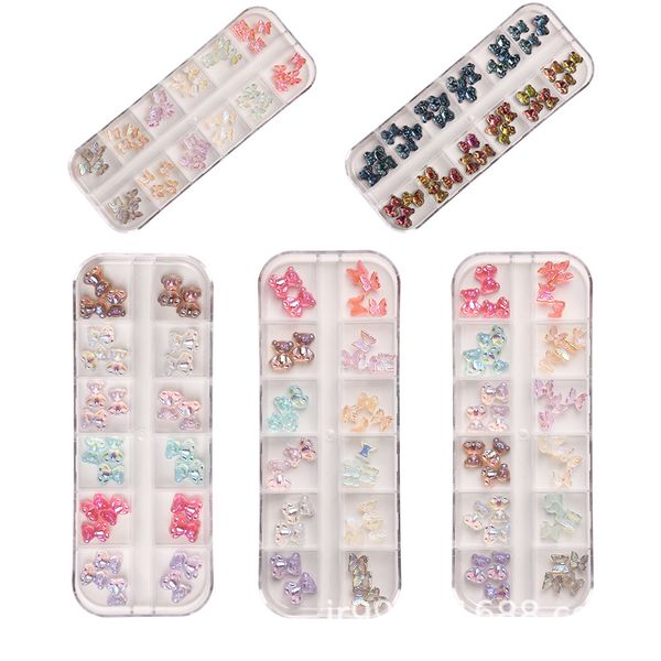 

3d cute bear resin nail art decorations aurora rhinestone for nails glitter jelly ornaments diy uv gel manicure accessories lhq02, Silver;gold