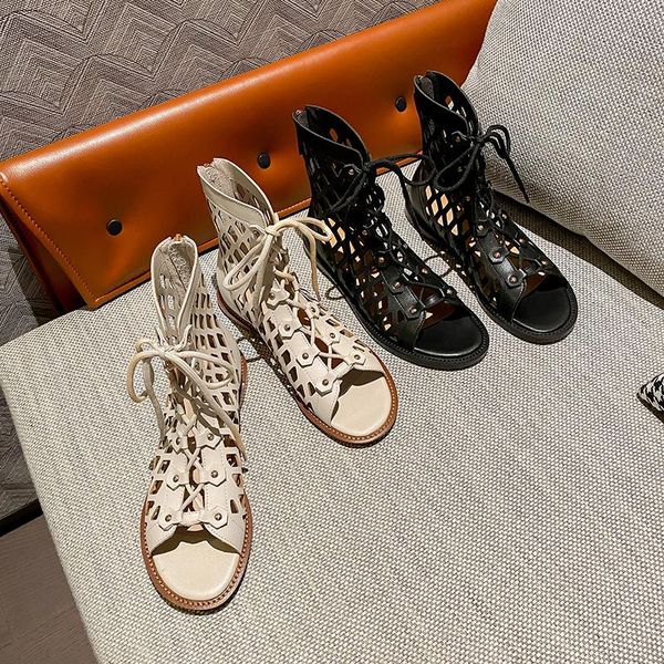 

royesic 2021, women's boots, flat shoes, cross lace up, hollow out, open toe, all leather handmade sandals boots, Black