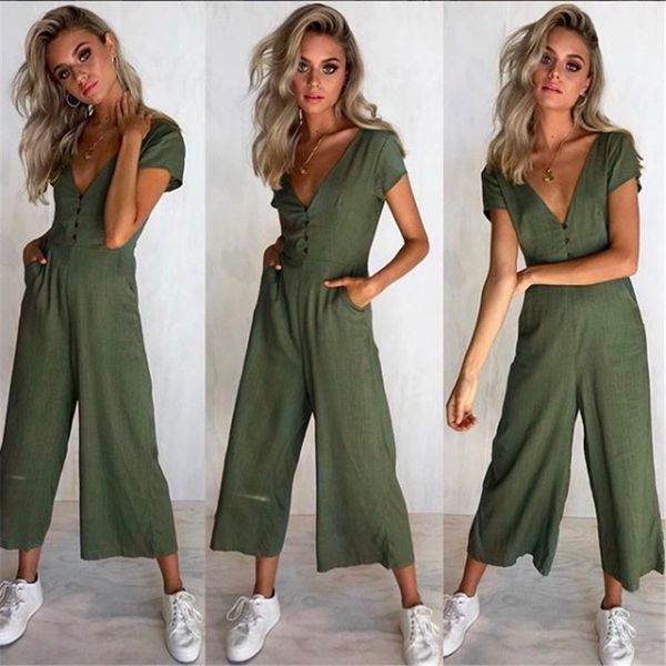 

2021 women casual solid color elegant rompers wide leg button rompers female short sleeve v-neck bodysuit jumpsuit, Black;white
