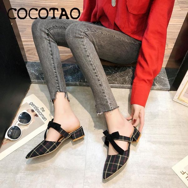 

slippers women summer 2021 korean bow toe cap half female thick with pointed sandals high heels, Black