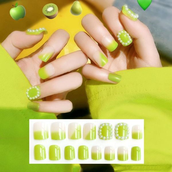 

false nails diy nail art decoration avocado color summer green design full cover matte acrylic fake tips manicure extension, Red;gold