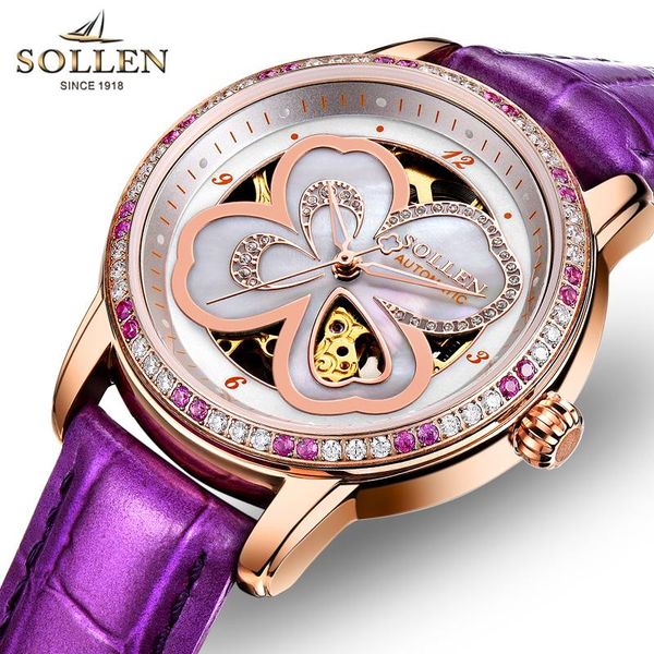 

wristwatches switzerland sollen women's automatic mechanical watch sapphire waterproof skeleton diamond leather wristwatch sl40, Slivery;brown