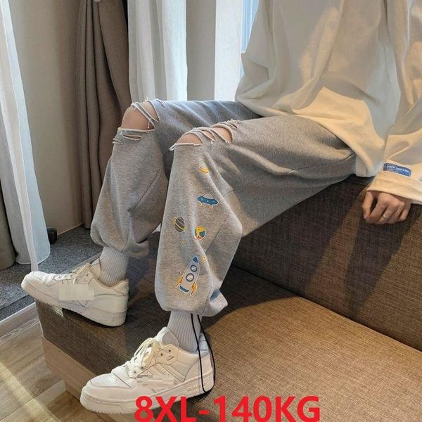 

men's pants summer men fashion high street cartoon hole ankle length plus size 8xl cool personality oversize loose thin 64, Black