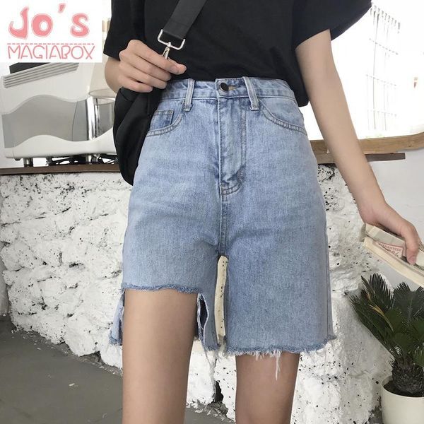 

summer korean women solid hole denim shorts casual female button straight mujer empire mini loose jeans women's, White;black