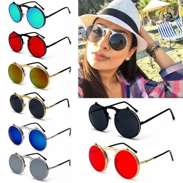 

sunglasses vintage flip-up metal frame round uv protection circle glasses steampunk eyewear, White;black