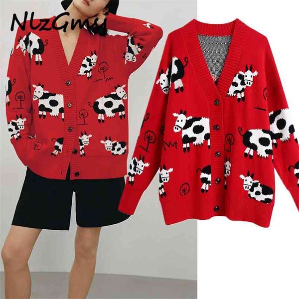 

sweater women vintage animal print loose long sleeve knitted cardigan sweaters oversize casual female outerwear 210628, White