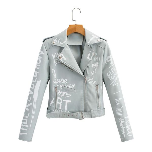 

women's leather & faux 2021 autumn winter women luxury punk print thin jackets lady motorcycle slim fit pu zippers streetwear coats bel, Black