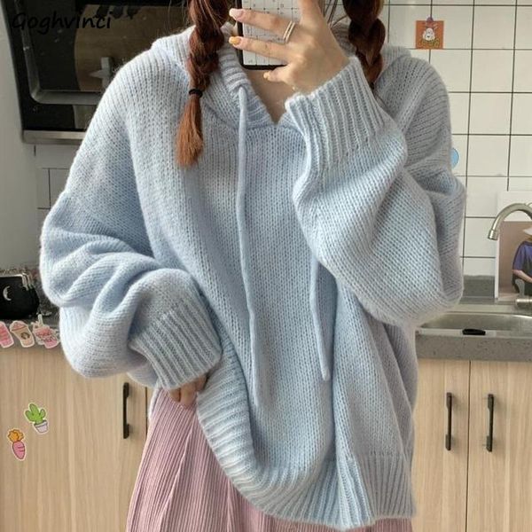 

women sweaters pullovers hooded solid knitted korean chic vintage leisure loose students streetwear soft date comfortable women's, White;black