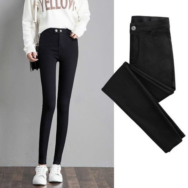 

summer autumn black pencil pants women skinny leggings high waist pockets slim elastic trousers students fitness 210603, Black;white