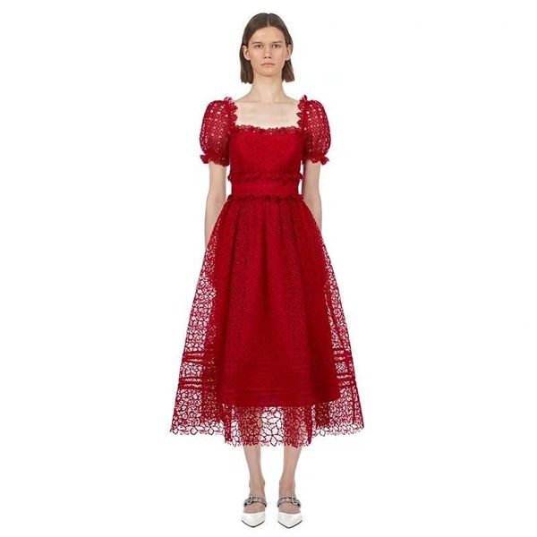 

summer runway self portrait dress women square neck short sleeve long dresses chic hollow out lace casual, Black;gray