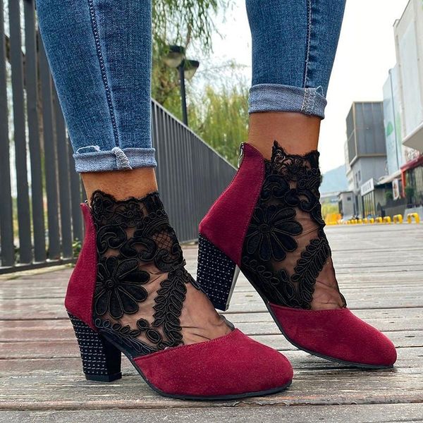 

boots women high heels summer pointed pumps ankle female shoes lace breathable mujer 3az9, Black