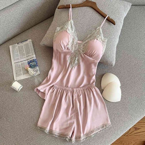 

satin sleepwear lounge women lace trim intimate lingerie lady casual pajama suit 2pcs sleep set printed home clothing, Black;red