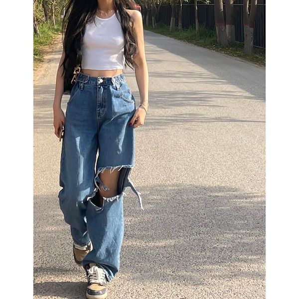

women's jeans 2021 spring autumn hole woman high waist loose thin straight wide leg casual sweet cool girl trend mopping pants, Blue