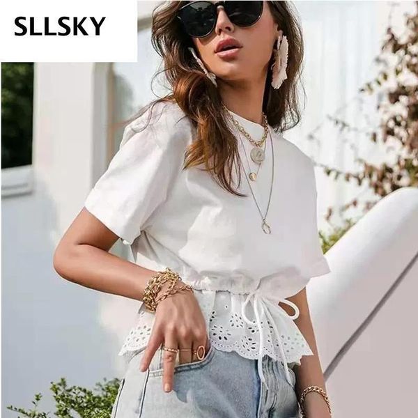 

women's t-shirt sllsky women ruffled white casual elegant solid color round neck short sleeves 2021 summer female shirt