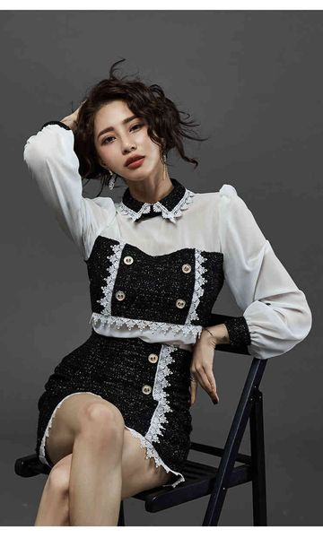 

2021 black a line korean spring autumn 2 piece set women sweet chiffon patchwork tweed peter pan collar shirts + short skirt outfit, White