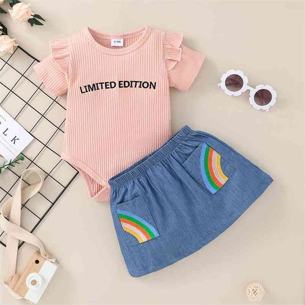 Estate Bambini Imposta Casual Manica corta O Collo Lettera Pagliaccetti rosa Stampa Gonna arcobaleno 2 pezzi Vestiti per ragazzi ragazze Set 210629