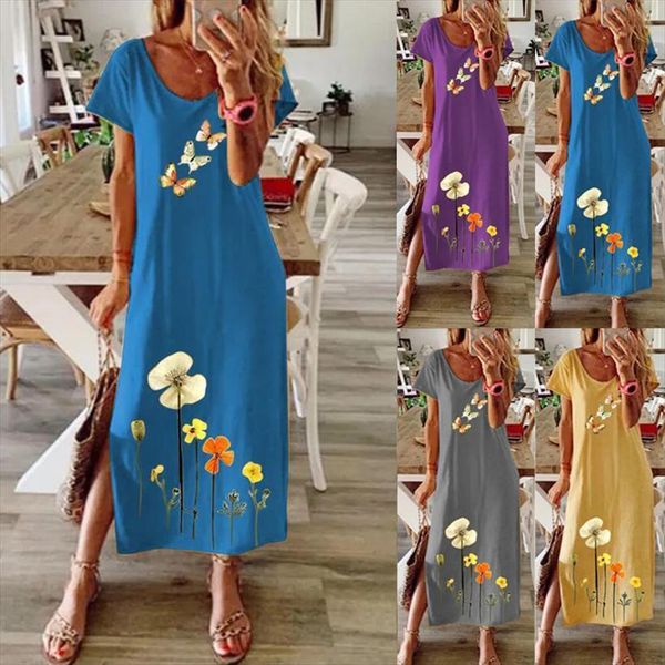

plus size short sleeve printed womens dress summer casual long, Black;gray