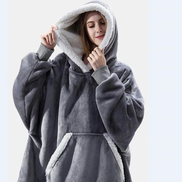 

sweater oversized hoodies blanket with sleeves sweatshirt plaid winter fleece hoody women pocket female sherpa giant hooded oversize top, White;black