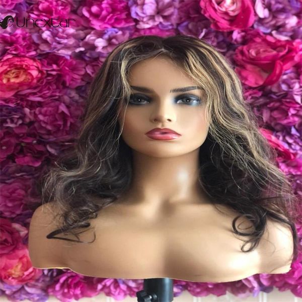 

highlight colored 13x4 lace middle human hair wig 180% brazilian remy wavy wigs for women, Black;brown