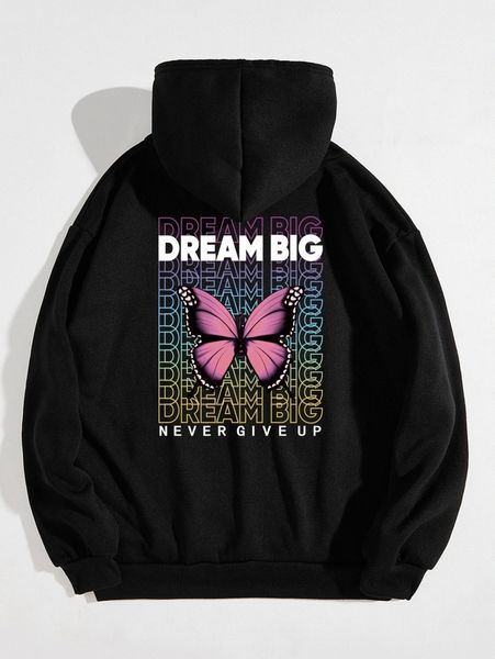 

slogan & butterfly print drawstring thermal lined hoodie c4pa#, White;black