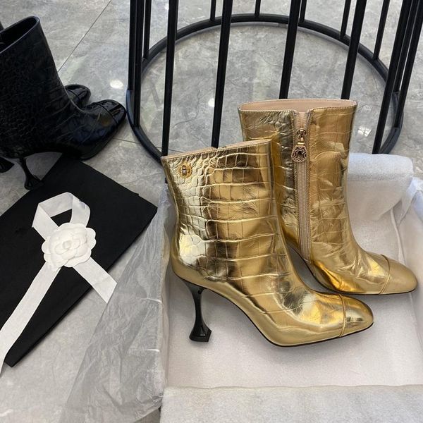 

gneuien - women's leather boots, high-heeled combat gold and black, sexy, autumn winter, 2021 boots
