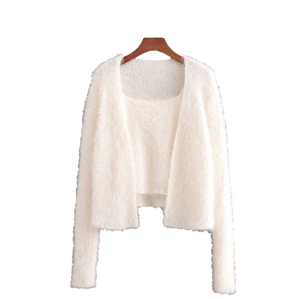 

elegant women chic two piece suit fashion ladies solid sweater streetwear female sweet soft knitted cardigan 210430, White