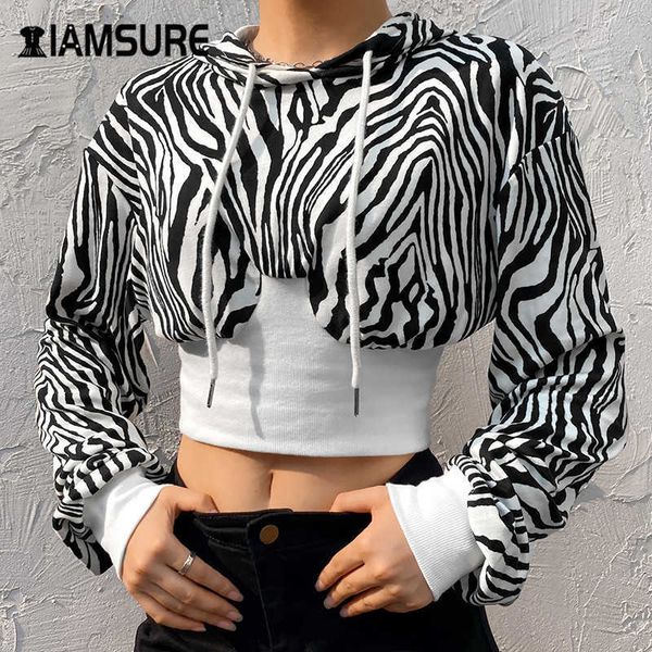 

iamsure 2020 fall fashion zebra pattern patchwork y2k sweatshirts for women casual long sleeve cropped hoodies streetwear y0820, Black
