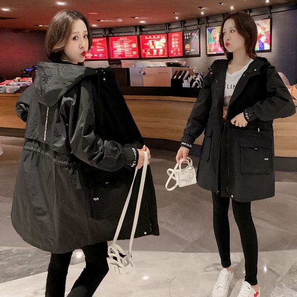 

women's trench coats casaco feminino com capuz, jaqueta feminina casual tendÃªncia manga comprida Ã prova d'Ã¡gua folgada elÃ¡stico n, Tan;black