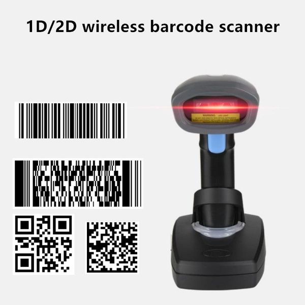 

wireless barcode scanner with stand 1d/2d qr bar code pdf417 data metrix codes handheld reader support mobile phone scanners