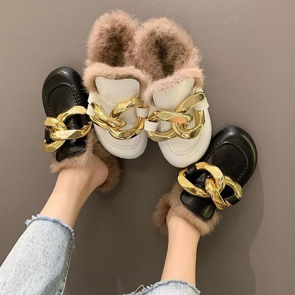 

slippers female shoes mules for women 2021 house platform fur flip flops flock big size rivet slides cover toe low plush, Black
