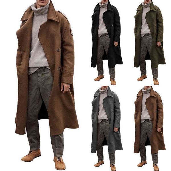 

2021 fashion men casual busins trench coat new solid overcoat male punk style long sved turn-down collar coats et, Black;brown