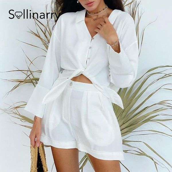 

sollinarry summer white two-piece women suit v-neck button lace-up short sets casual elegant solid ladies suits 2021 women's tracksuits, Gray