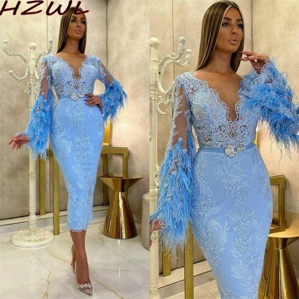 

party dresses light blue feathers evening full sleeves tea length lace mermaid prom dress with sash beads arabic dubai robe de soirÃ©e, White;black