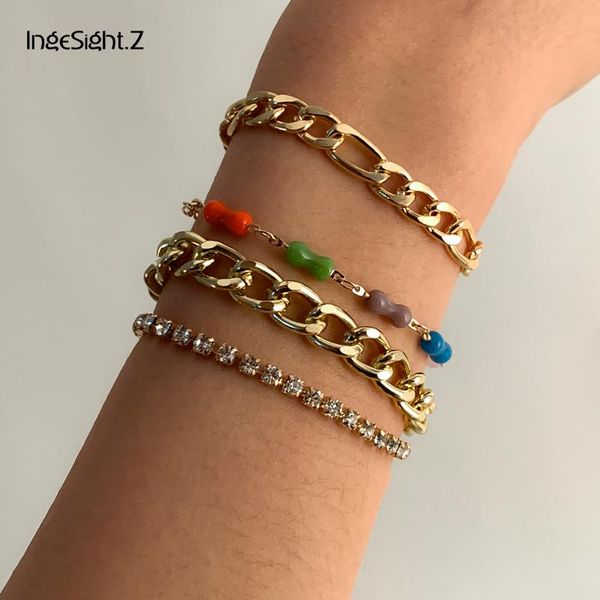 

charm bracelets ingesight.z 4pcs/set rhinestones crystal curb chain acrylic rainbow bead wrist bangles for women men jewelry, Golden;silver