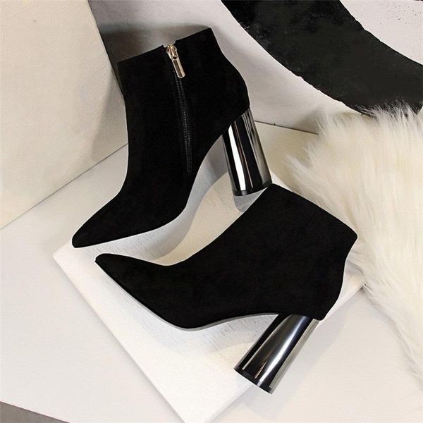 

boots women's shoes autumn chunky heels pointed suede ankle fashion metal heel thick heeled short, Black