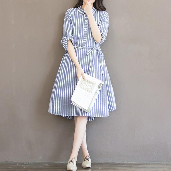 

casual dresses summer blue striped women dress 2021 elegant preppy style cotton turn down collar a-line, Black;gray