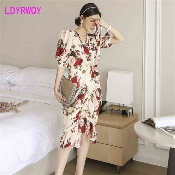 

ldyrwqy summer style korean temperament slim v-neck ruffle lace print dress polyester office lady 210416, Black;gray
