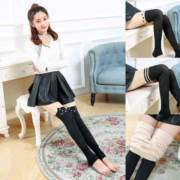 

women's leggings in autumn winter, women's thickened plush through meat splicing high barrel leggings over the knee and fake thigh, Black