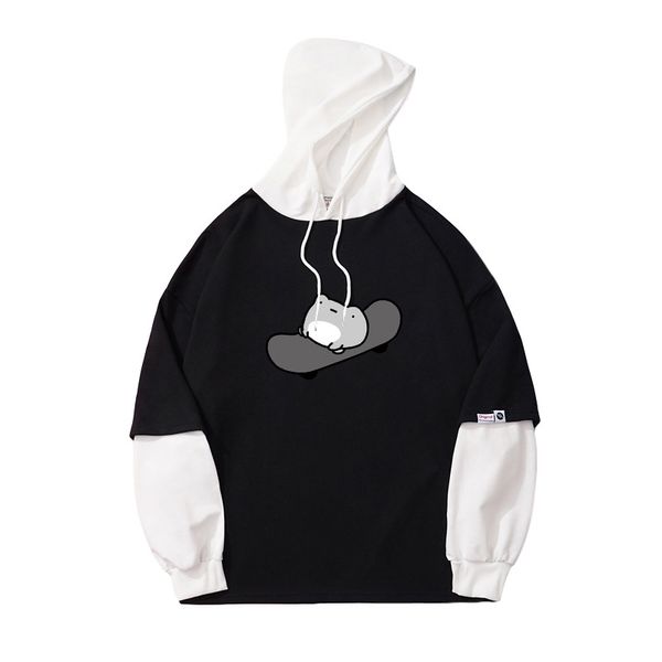 

skateboard frog autumn sweatshirt fake two hooded sweaters, Black
